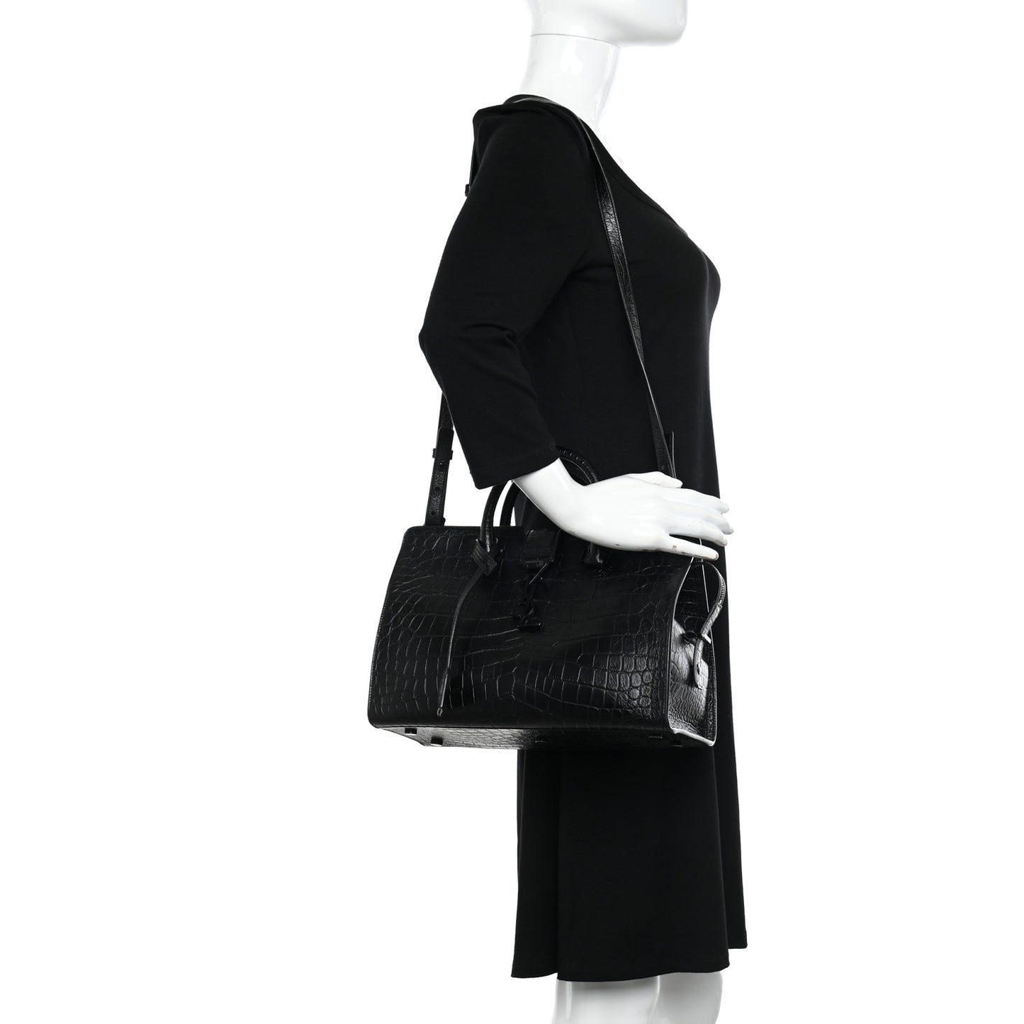 Calfskin Crocodile Embossed Small Monogram Cabas Black