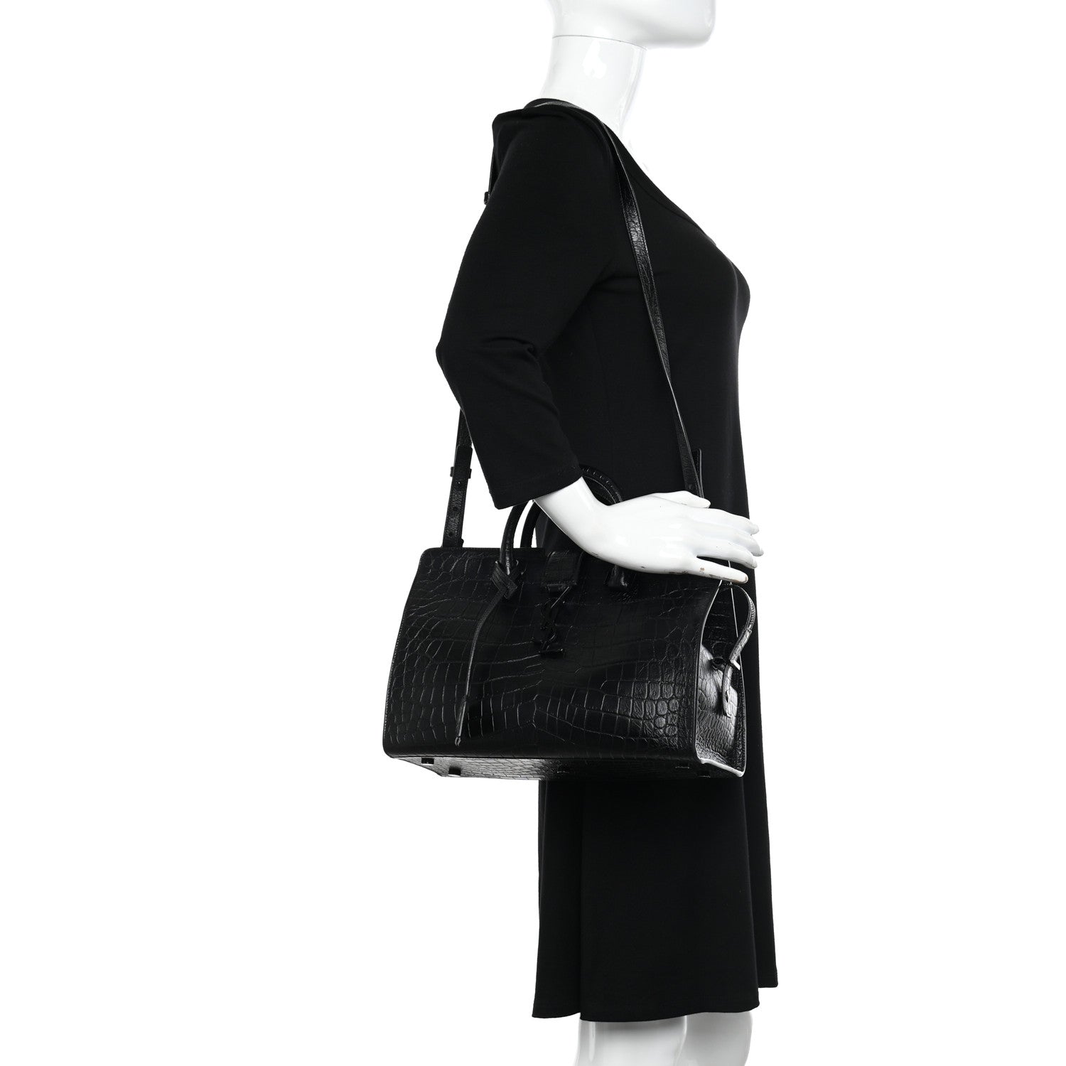 Saint Laurent Calfskin Crocodile Embossed Small Monogram Cabas Black 2 of 8