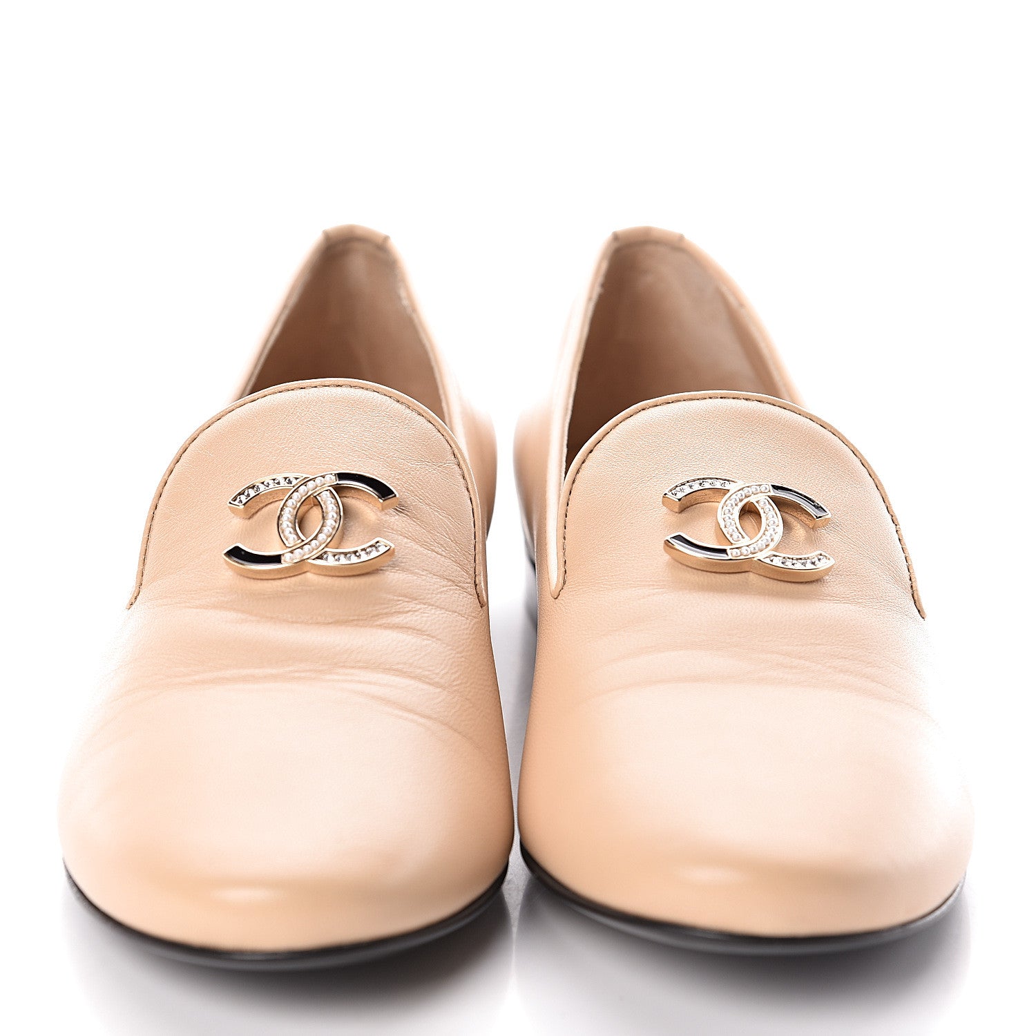 Chanel Enamel Pearl Crystal Lambskin CC Moccasin Loafers 36 Beige 2 of 7