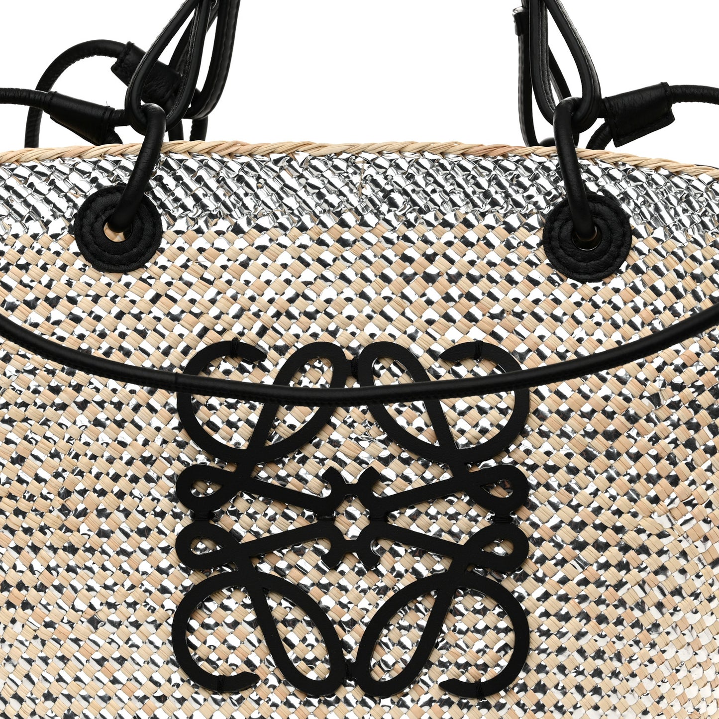 Calfskin Raffia Paulas Ibiza Sparkling Metallic Anagram Basket Tote Bag Natural Silver
