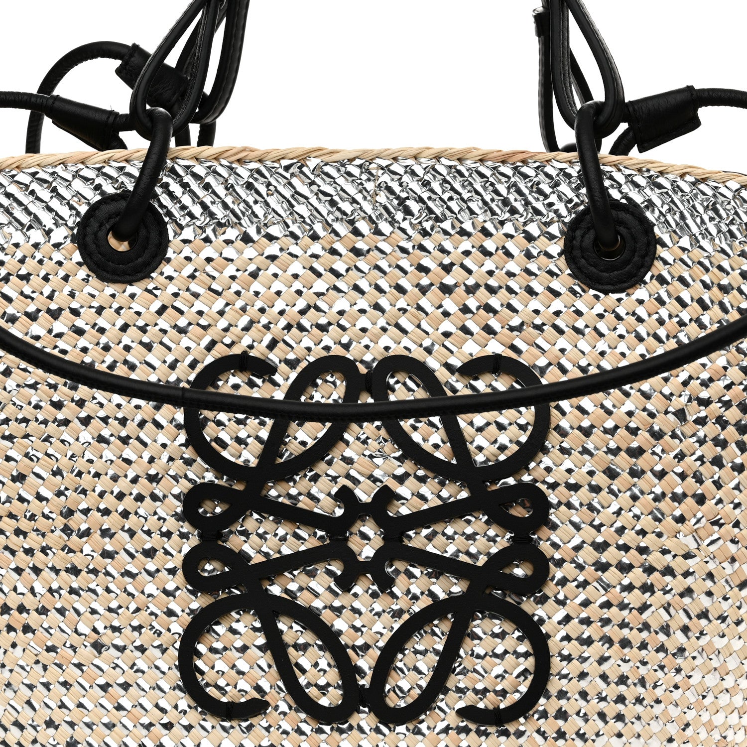 Loewe Calfskin Raffia Paulas Ibiza Sparkling Metallic Anagram Basket Tote Bag Natural Silver 7 of 9