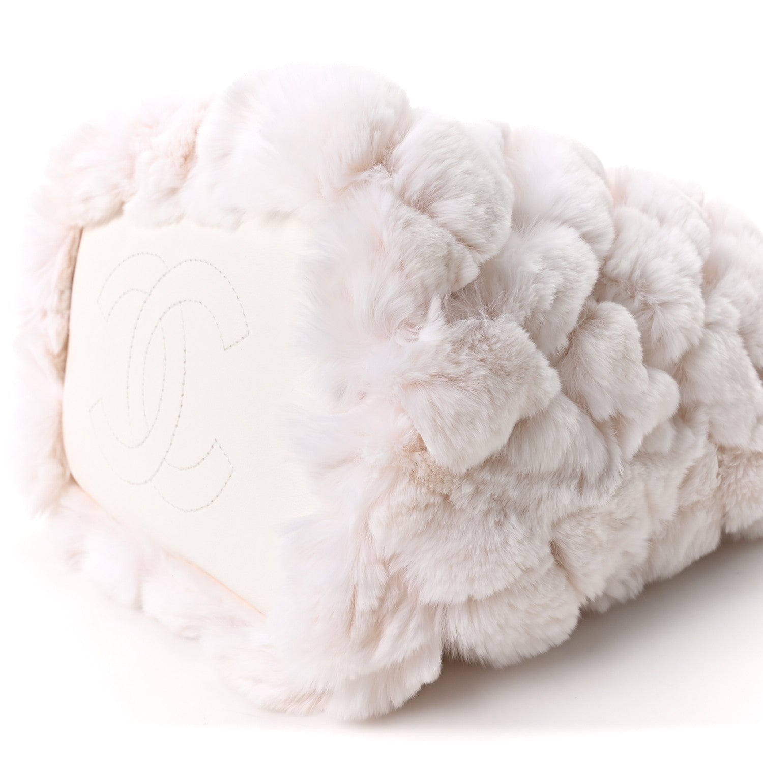 Chanel Calfskin Fur Quilted Chain Drawstring Bucket Bag White 10 of 10