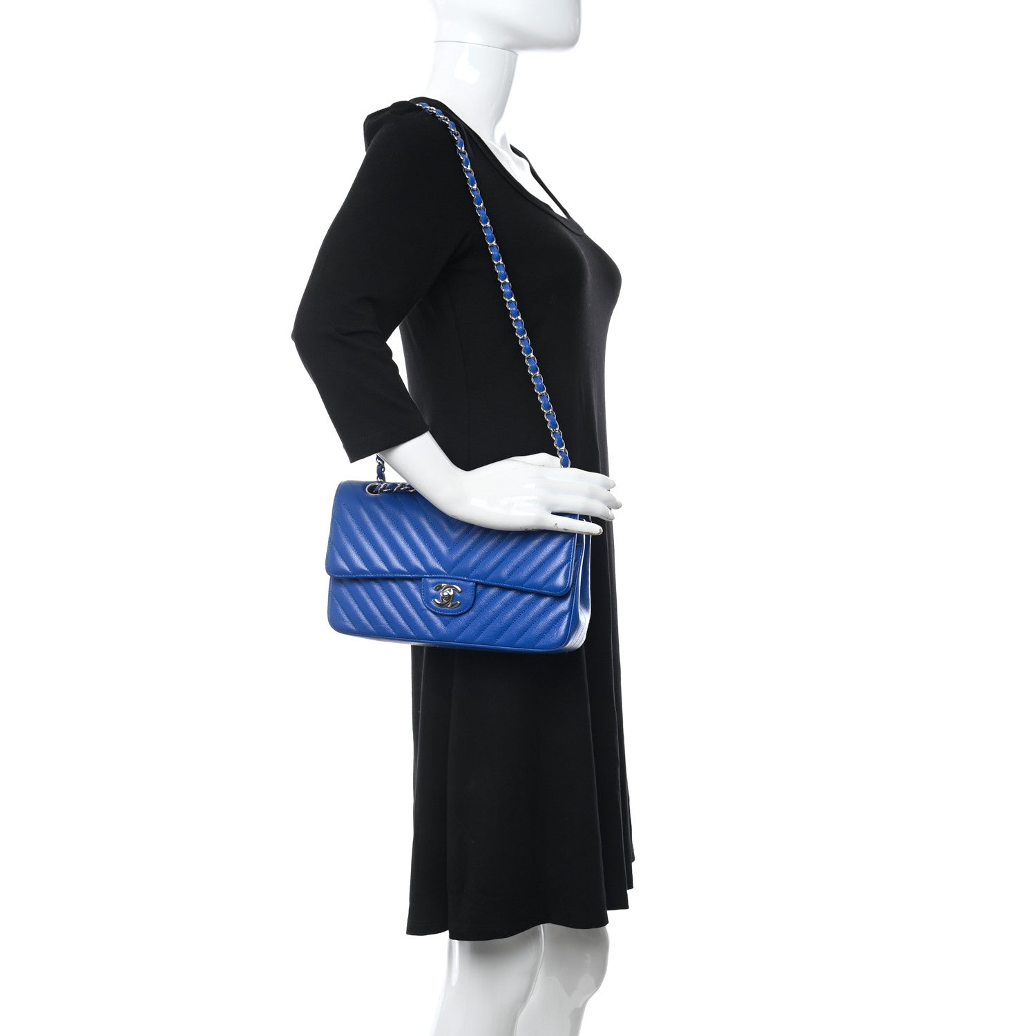 Chanel Caviar Chevron Quilted Medium Double Flap Blue 2 of 14