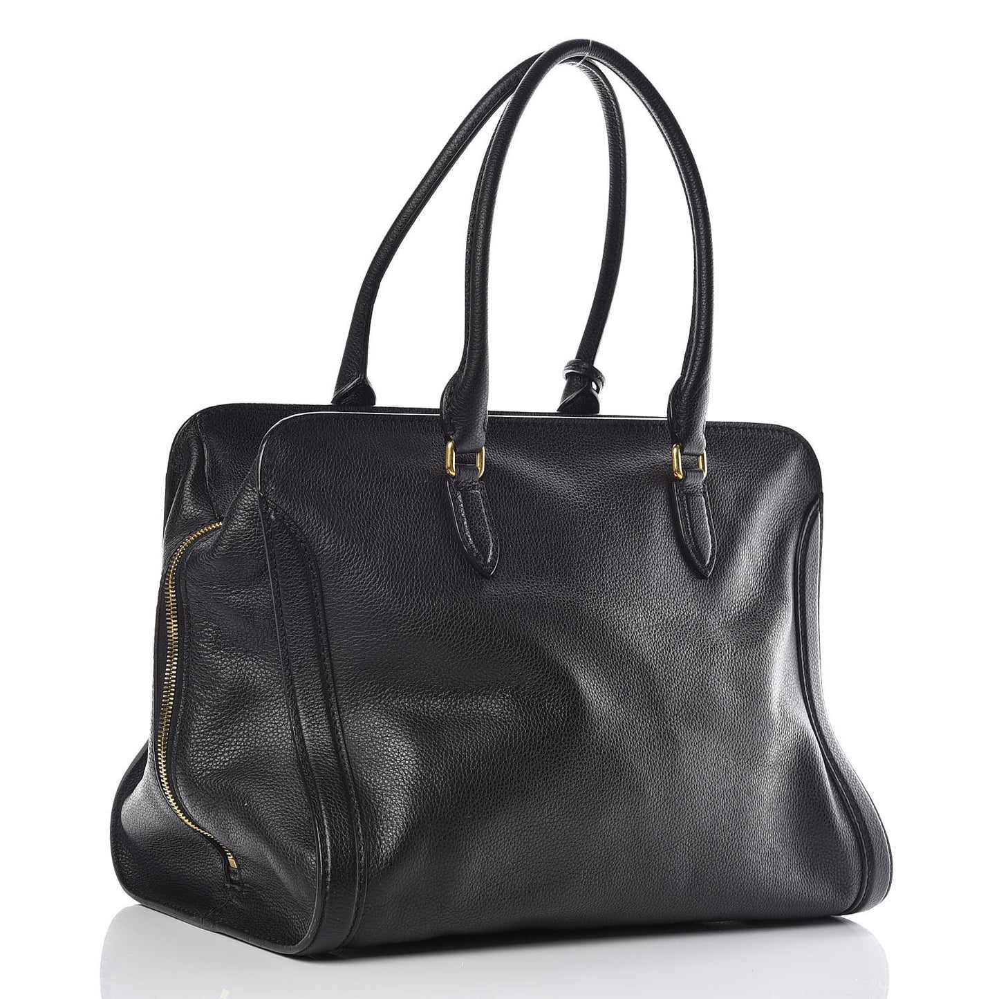 Pebbled Calfskin Large Skull Padlock Zip Around Tote Black