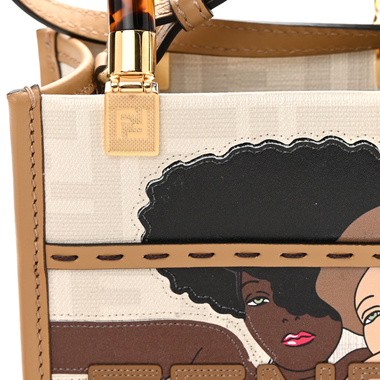 Fendi Glazed Fabric Plexiglass FF Logo Bikini Girls Mini Fendi Sunshine Shopper Tote Bianco Perla Multicolor Miele Scuro 10 of 11