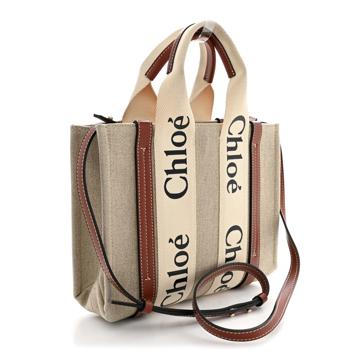 Chloe Cotton Calfskin Small Woody Ribbon Tote With Strap White Brown 3 of 12