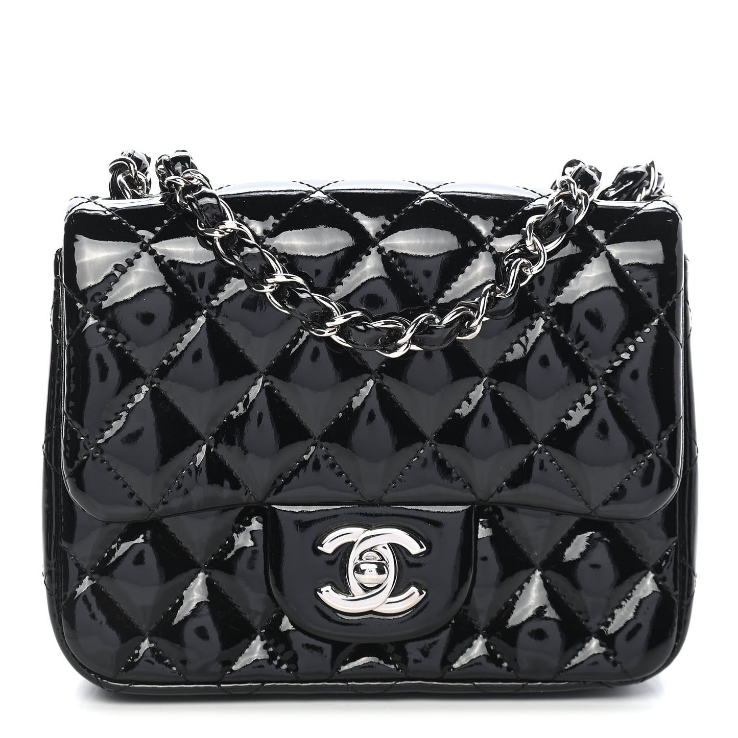 Patent Calfskin Quilted Mini Square Flap Black