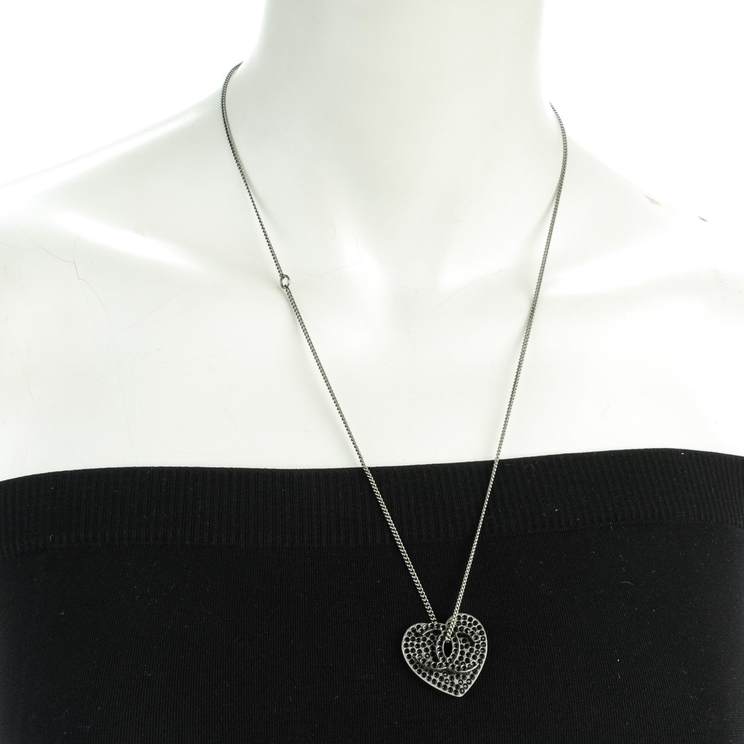 Chanel Ruthenium Crystal CC Heart Charm Necklace Black 2 of 5