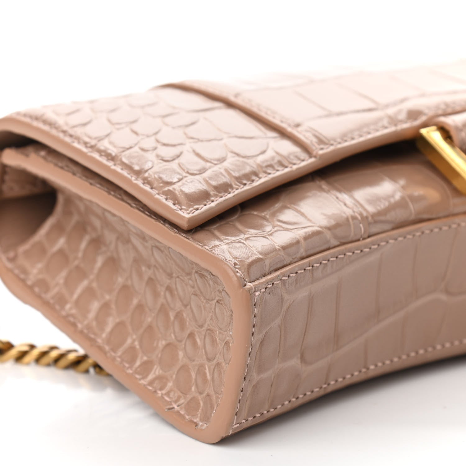 Balenciaga Shiny Calfskin Crocodile Embossed Hourglass Chain Bag Nude Beige 13 of 17