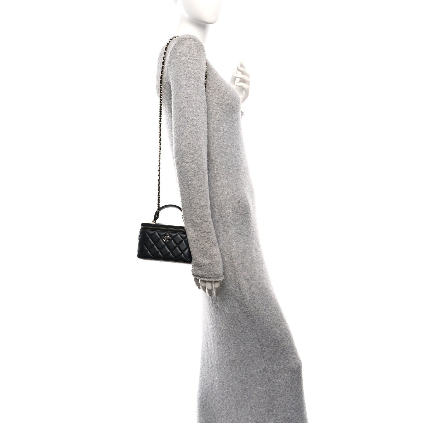 Lambskin Quilted Small Top Handle Vanity Case With Chain Black