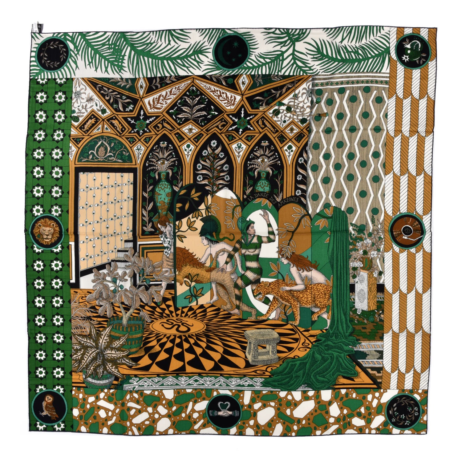 Hermes Cashmere Silk La Danse Des Amazones Shawl 140 Vert Noisette White 1 of 4