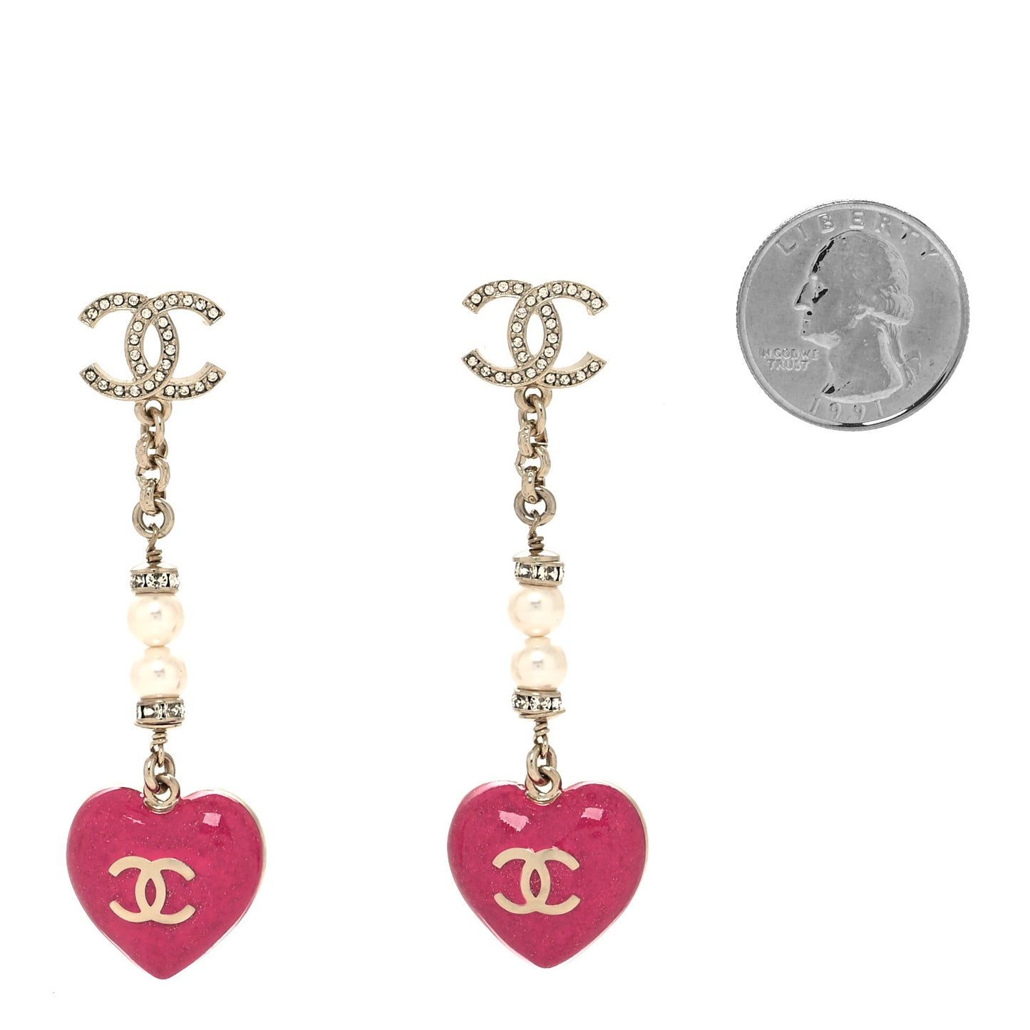 Resin Crystal Pearl Chain Heart CC Drop Earrings Pink White Gold