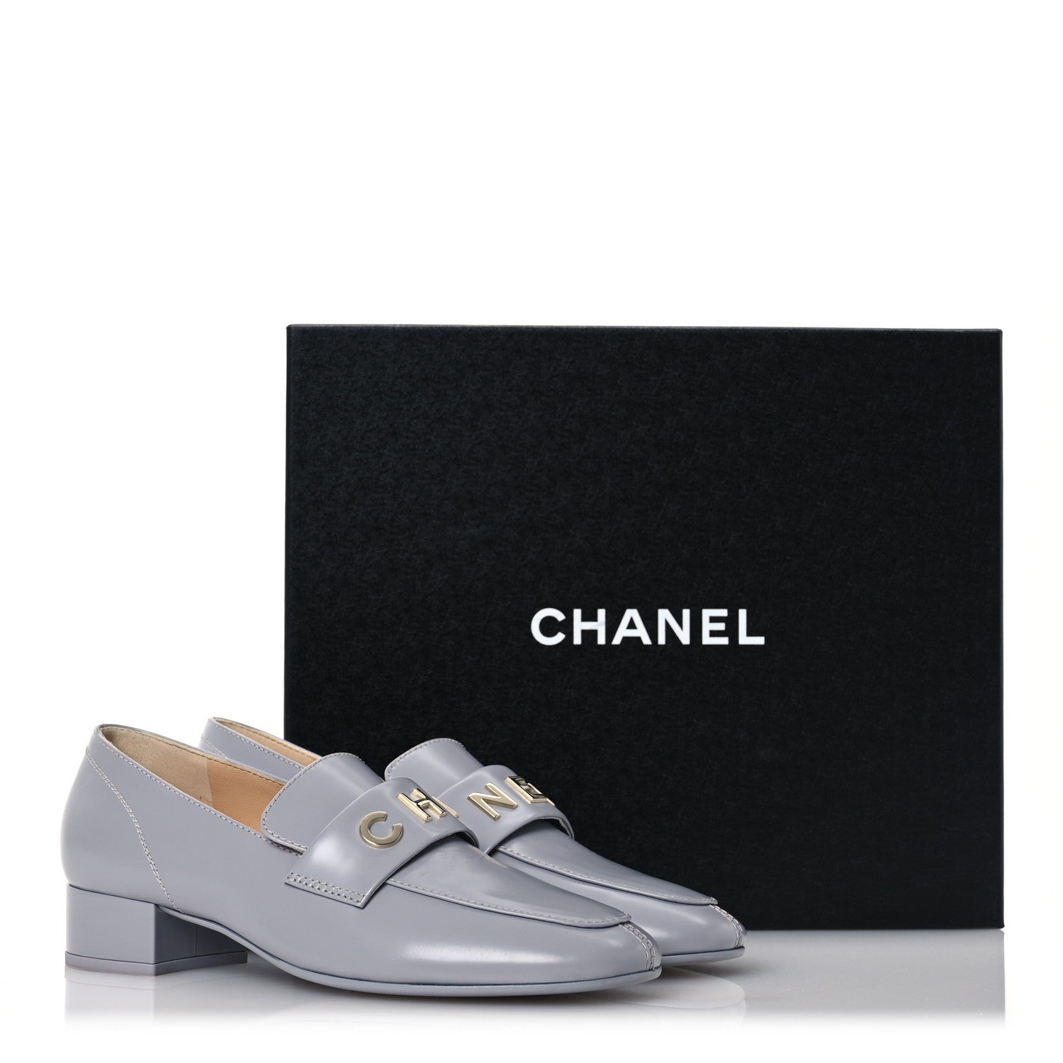 Chanel Shiny Calfskin Logo Loafers 37 Light Grey 11 of 11