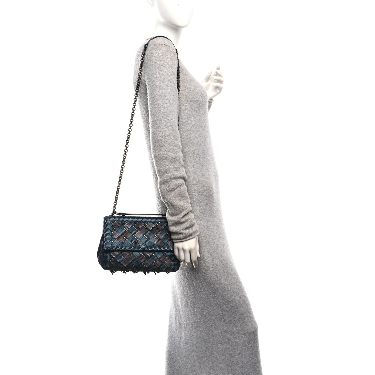 Metallic Nappa Intrecciato Fringe Studded Olimpia Bag Blue Black Blue Black