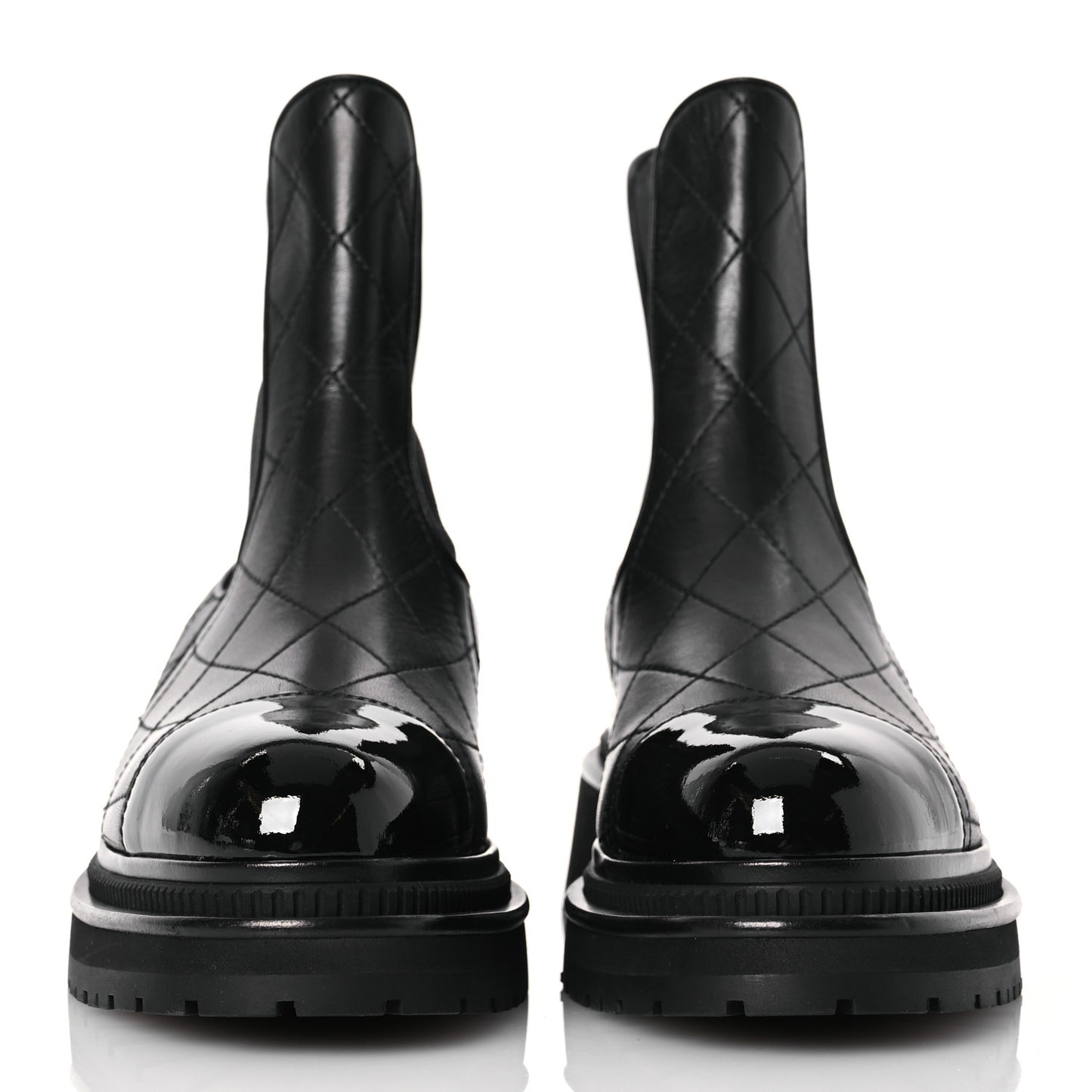 Calfskin Patent Cap Toe Quilted Short Boots 40 Black