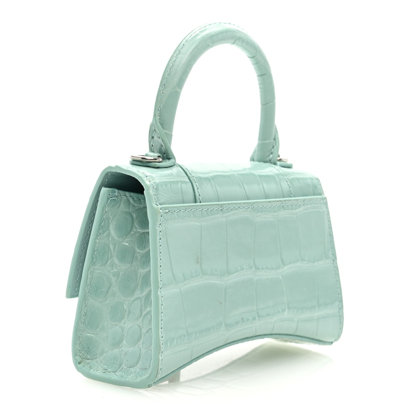 Shiny Calfskin Crocodile Embossed Hourglass Top Handle Bag Mini with Chain Green Acqua