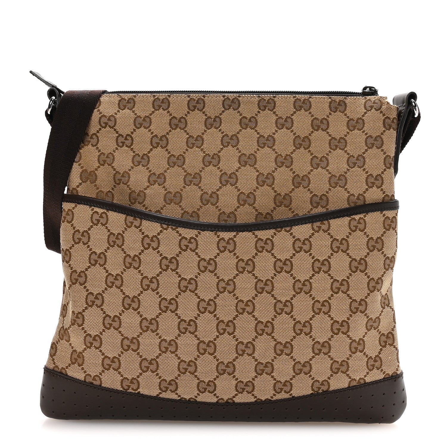 Gucci Monogram Calfskin Perforated Medium Flat Messenger Bag Dark Brown 1 of 9