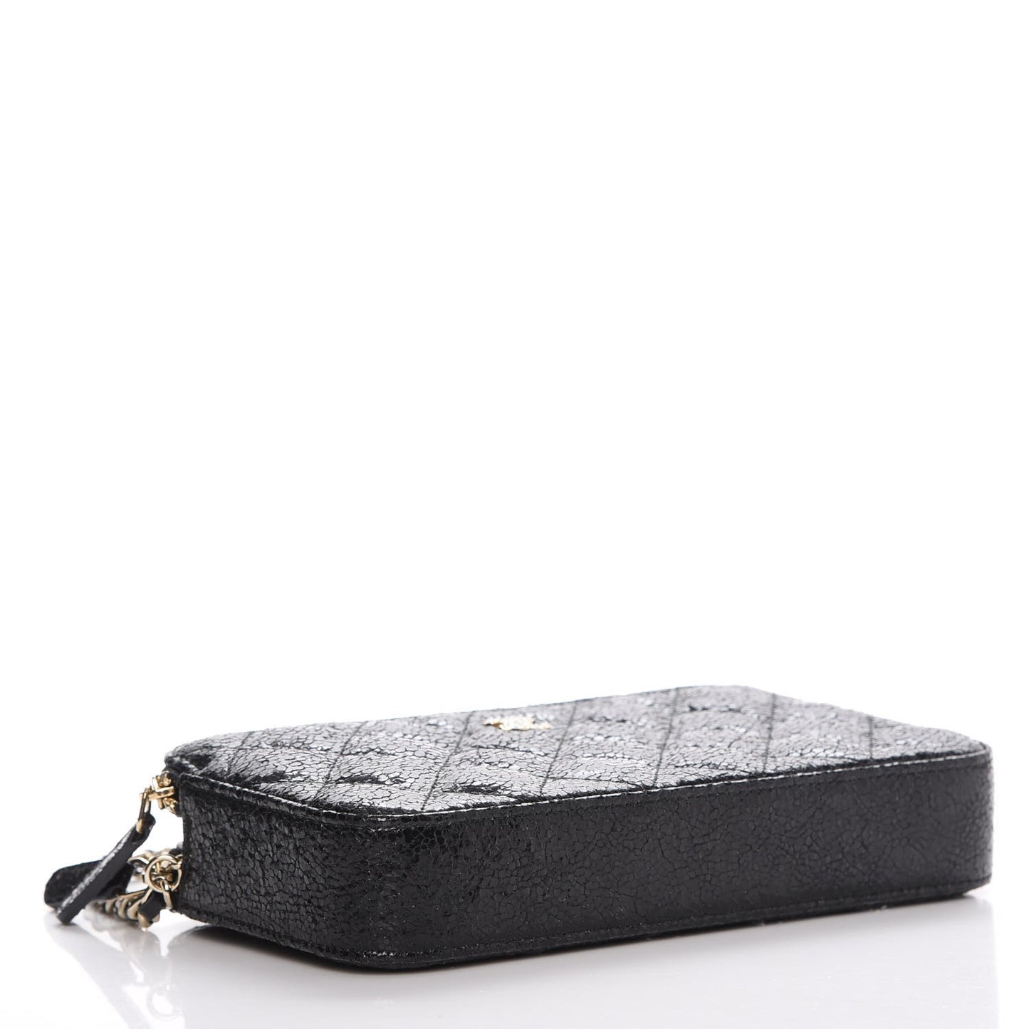 Crackled Patent Calfskin Quilted Small Clutch With Pearl Chain Black