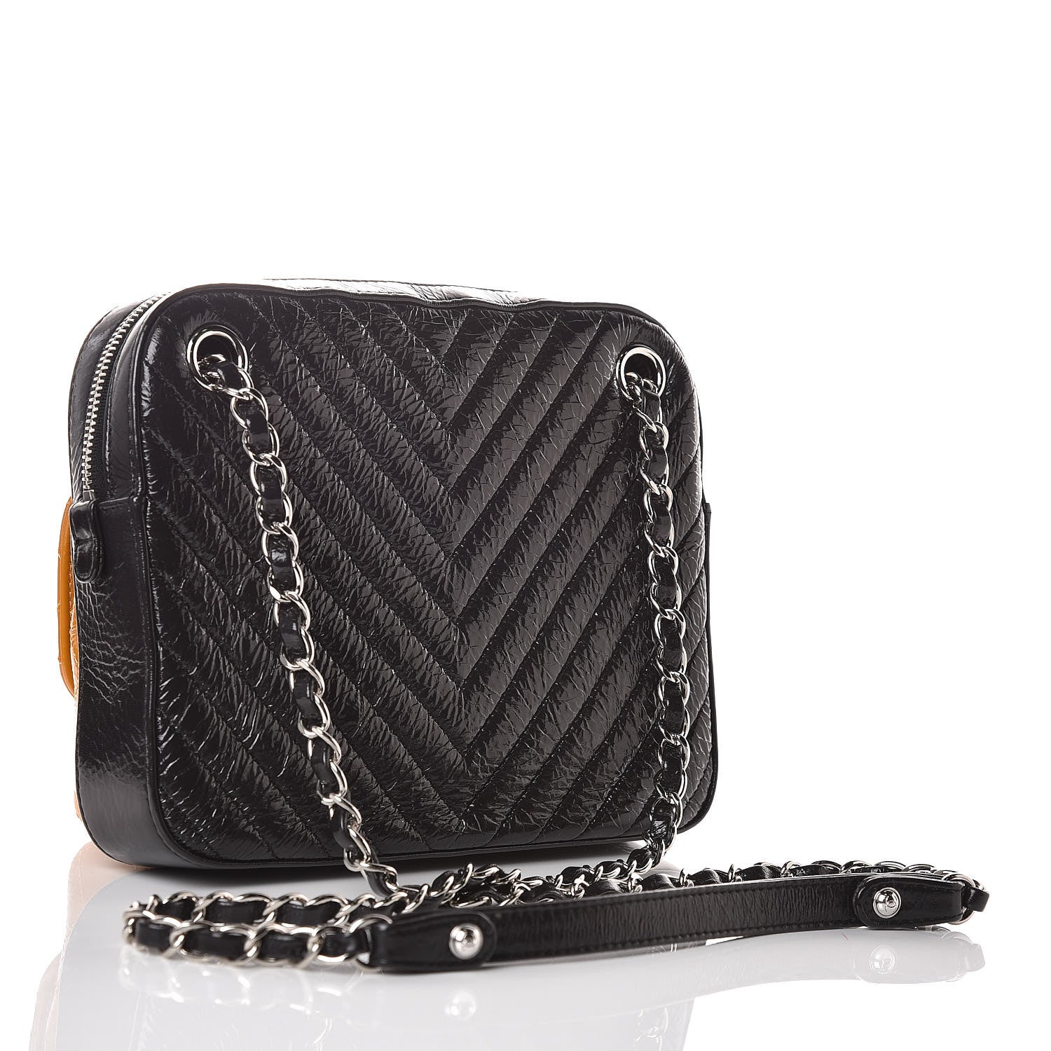 Chanel Distressed Patent Chevron Quilted Double Camera Bag With Flap Black Yellow 3 of 10