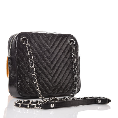 Chanel Distressed Patent Chevron Quilted Double Camera Bag With Flap Black Yellow 3 of 10