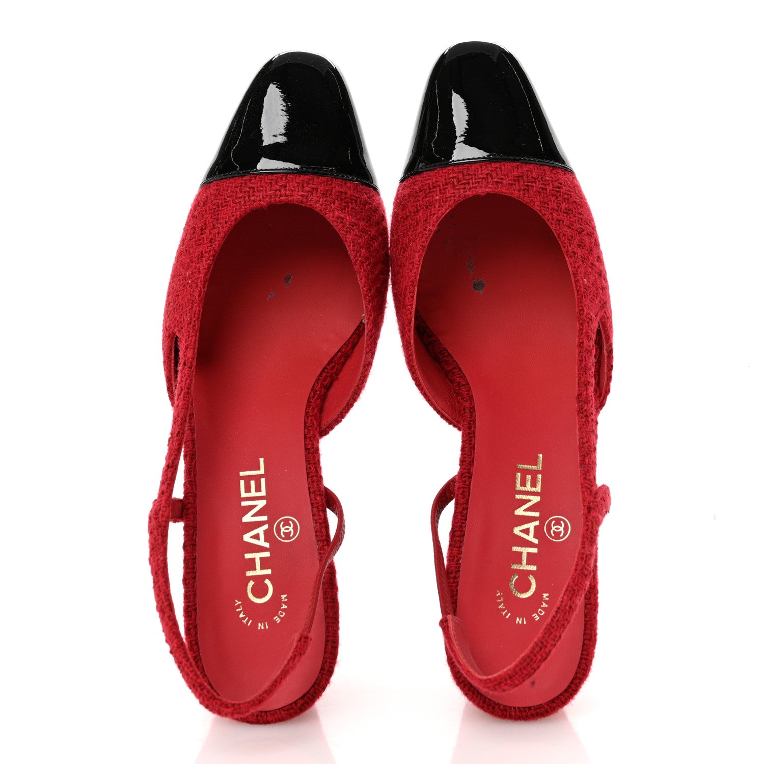 Chanel Tweed Patent Cap Toe CC Slingback Pumps 39.5 Red Black 2 of 13