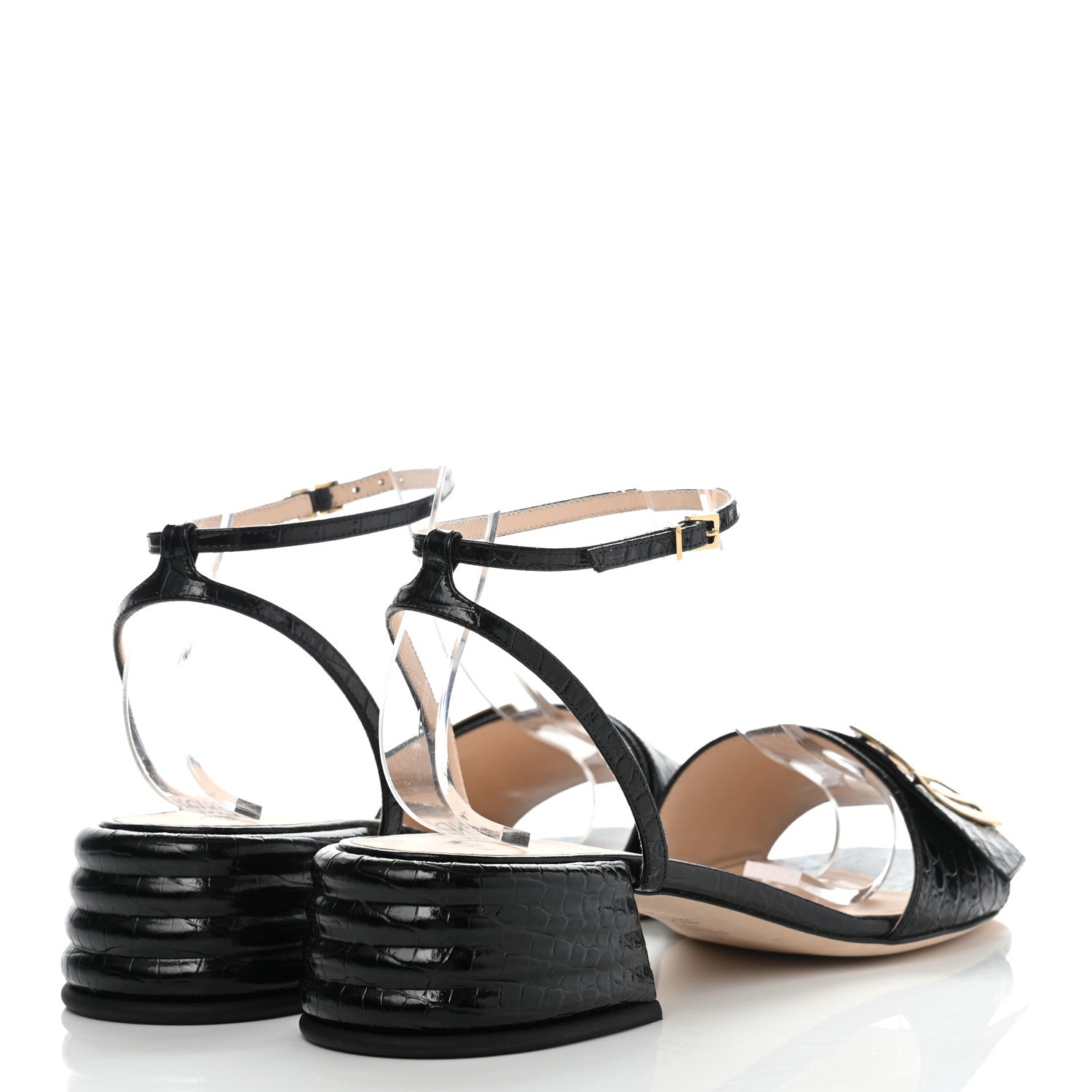 Fendi Vitello Crocodile Embossed Promenade Ankle Strap Sandals 41 Black 4 of 7