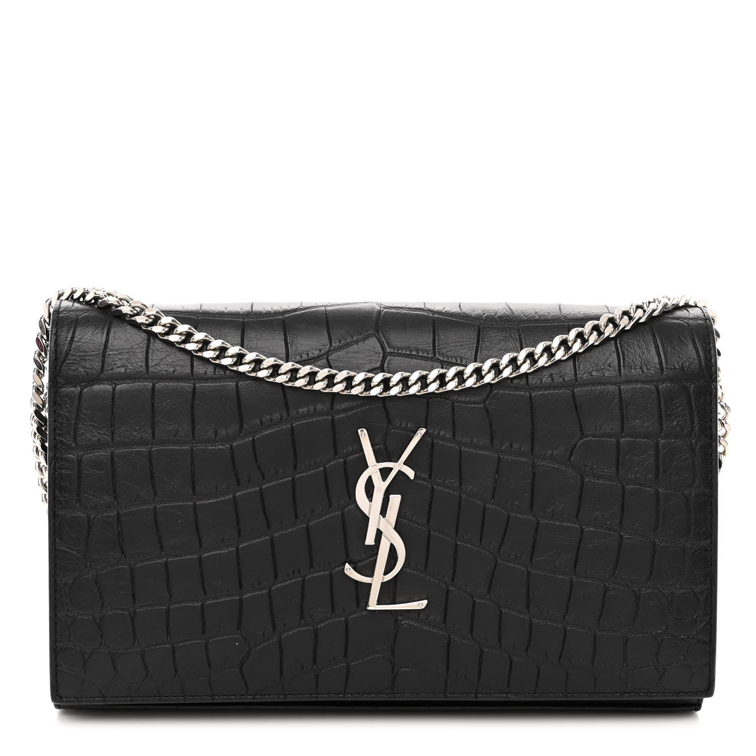 Saint Laurent Calfskin Crocodile Embossed Monogram Chain Wallet Black 1 of 10