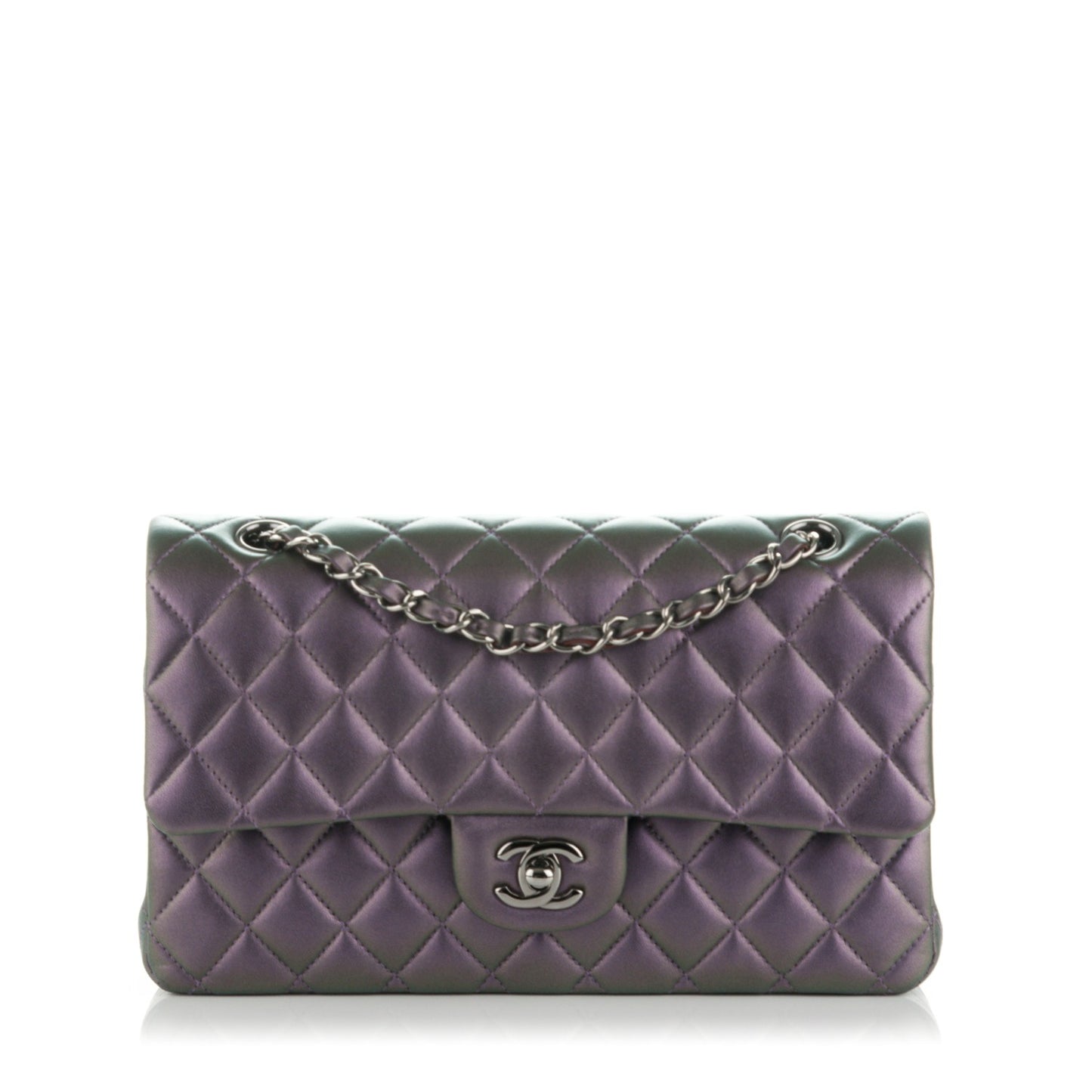 Metallic Lambskin Quilted Medium Double Flap Dark Purple