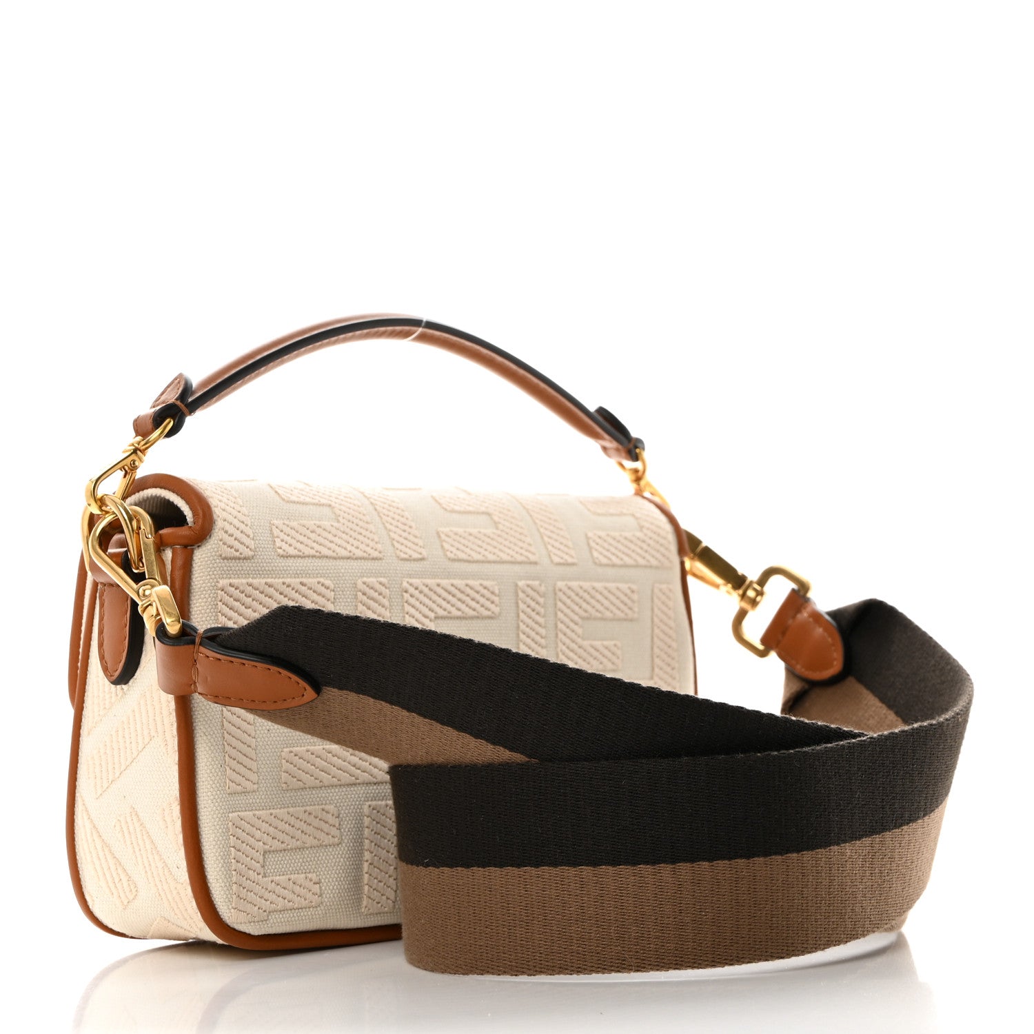 Fendi Canvas Vitello King Bi-Color Strap FF Embroidered Mini Baguette Poudre 2 of 10