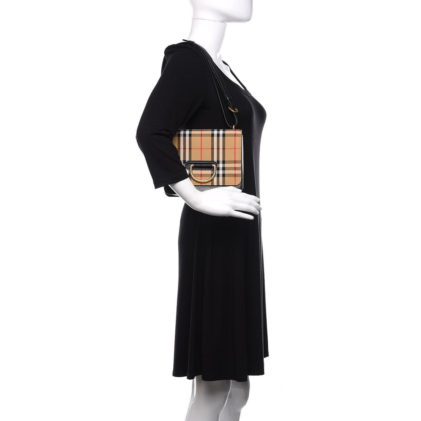 Goatskin Cotton Canvas Vintage Check Small D-Ring Bag Black Antique Yellow