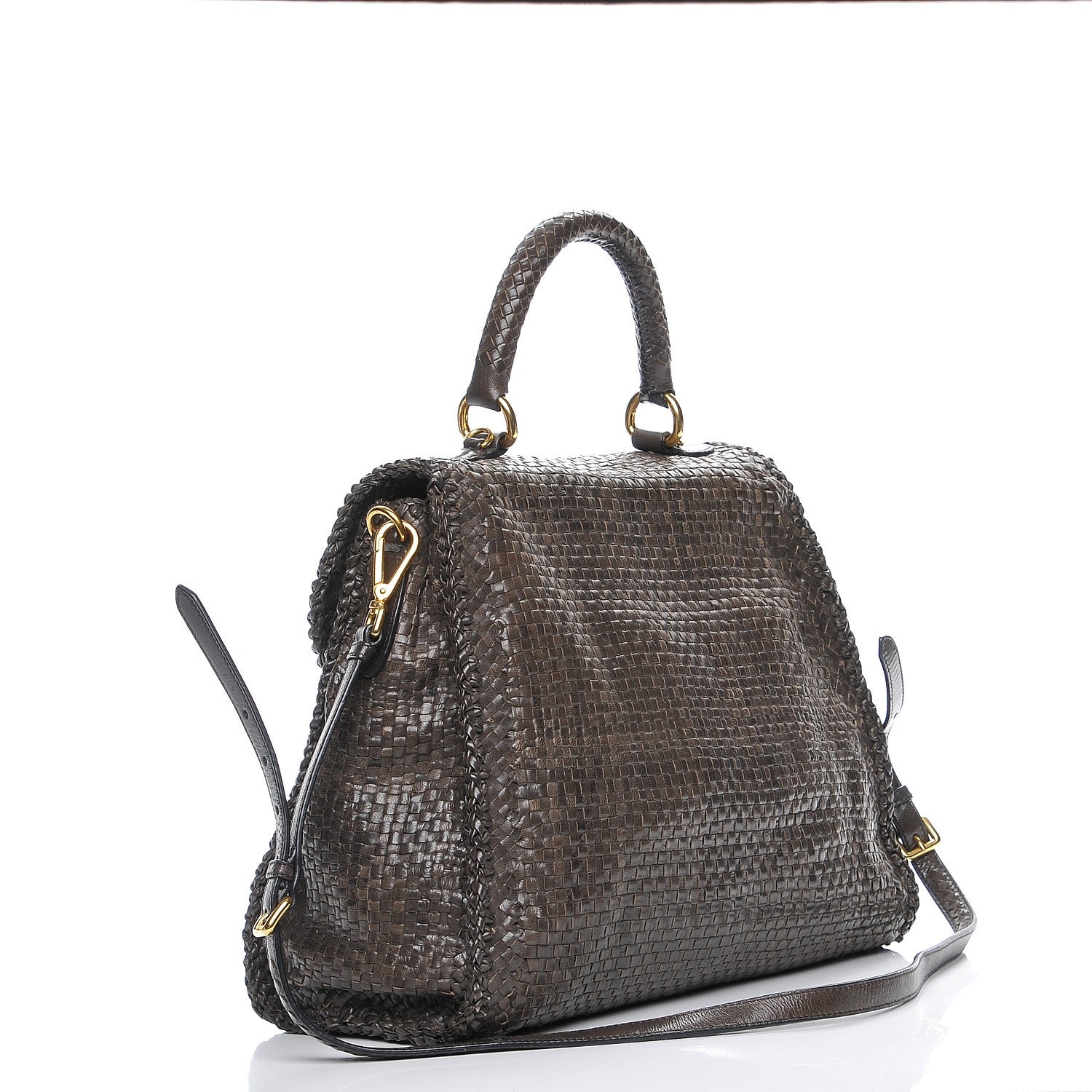 Prada Goatskin Woven Top Handle Satchel Antracite 4 of 10