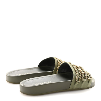 Chanel Canvas Chain Flat Sandals 39 Khaki 5 of 10