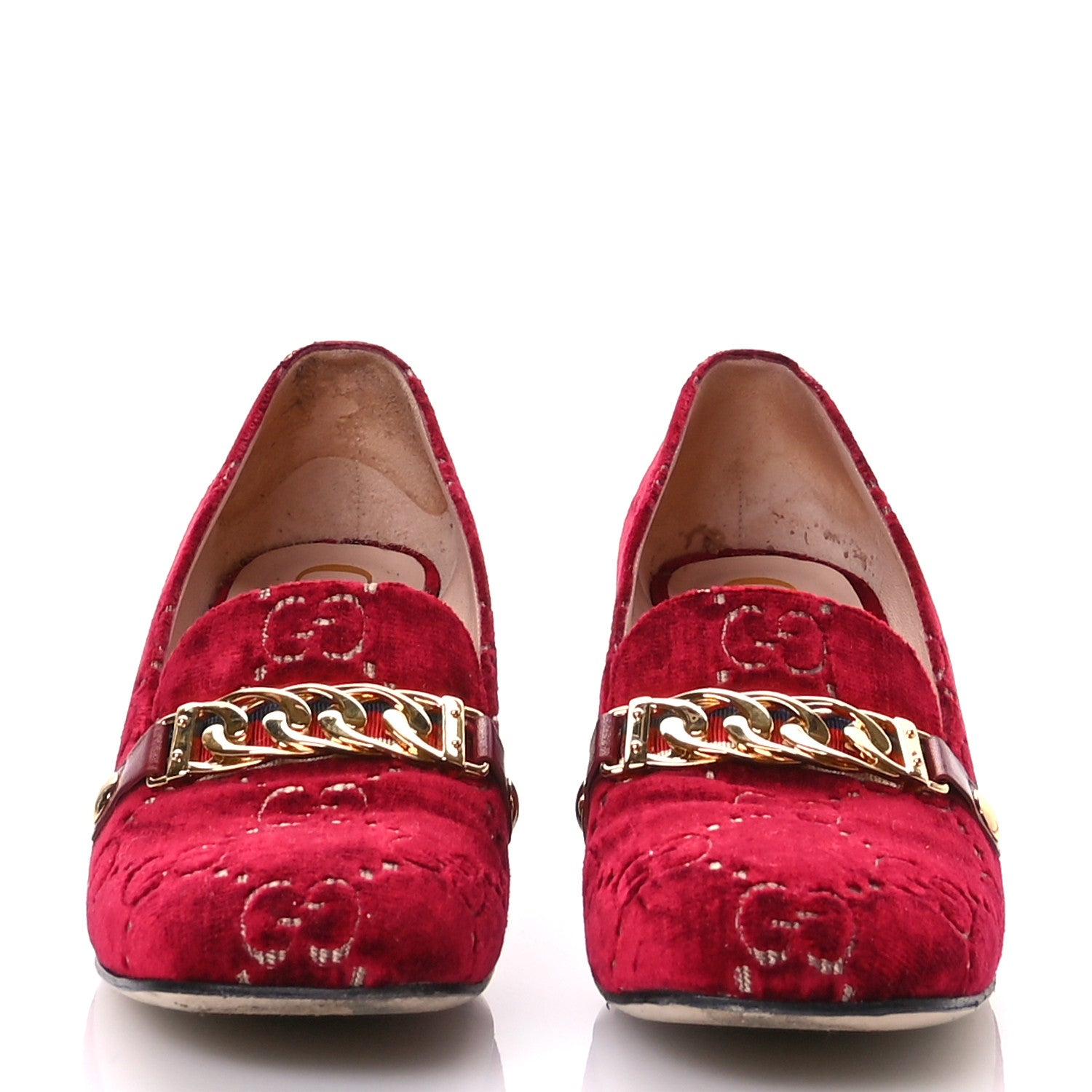 Gucci Velvet GG Monogram Sylvie Web Chain Mid Heel Loafers 40 Red Cipria 2 of 11