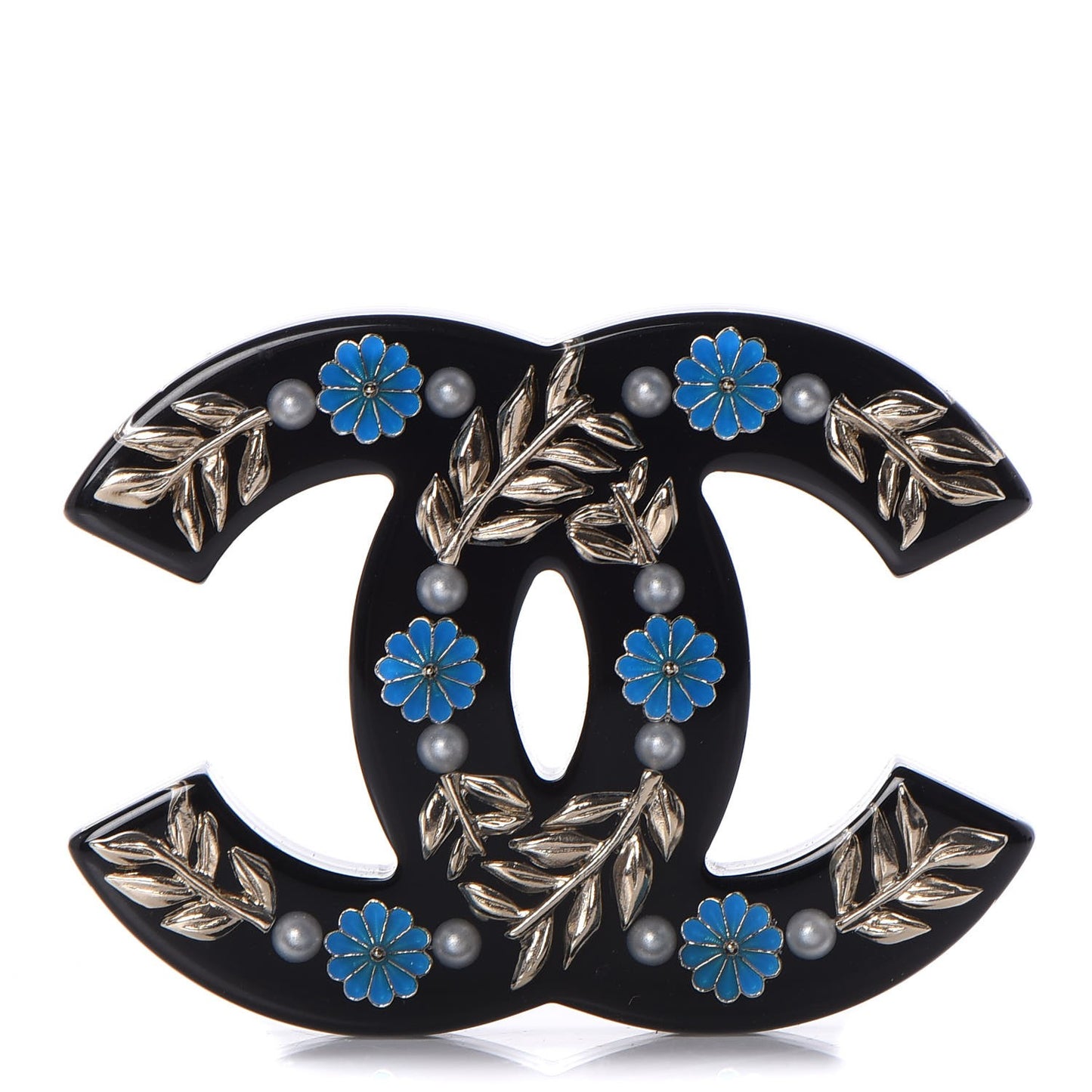Resin Pearl Enamel Flower CC Brooch Black Blue Gold
