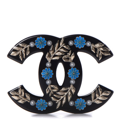 Chanel Resin Pearl Enamel Flower CC Brooch Black Blue Gold 1 of 5