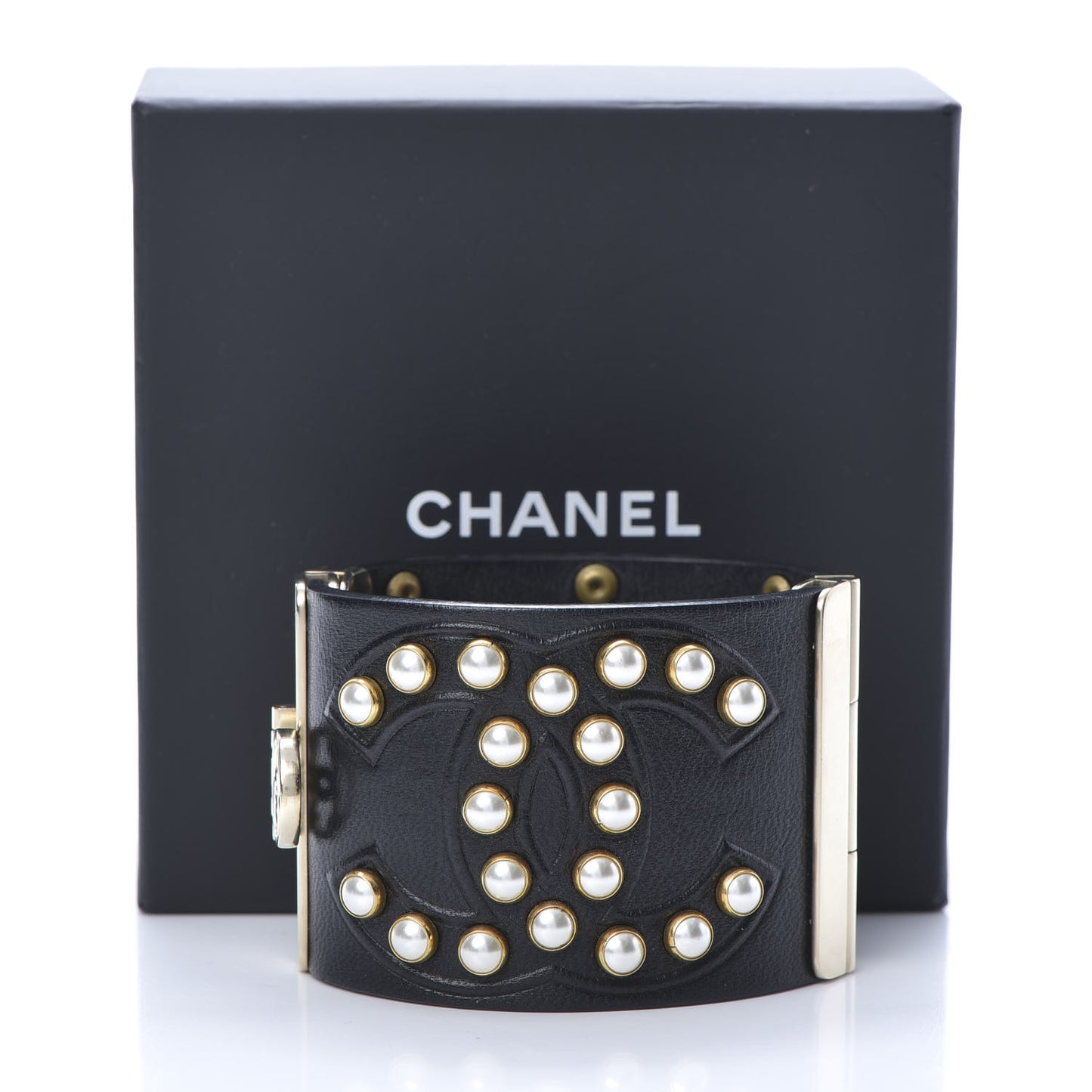 Lambskin Calfskin Pearl CC Cuff Bracelet Black Gold