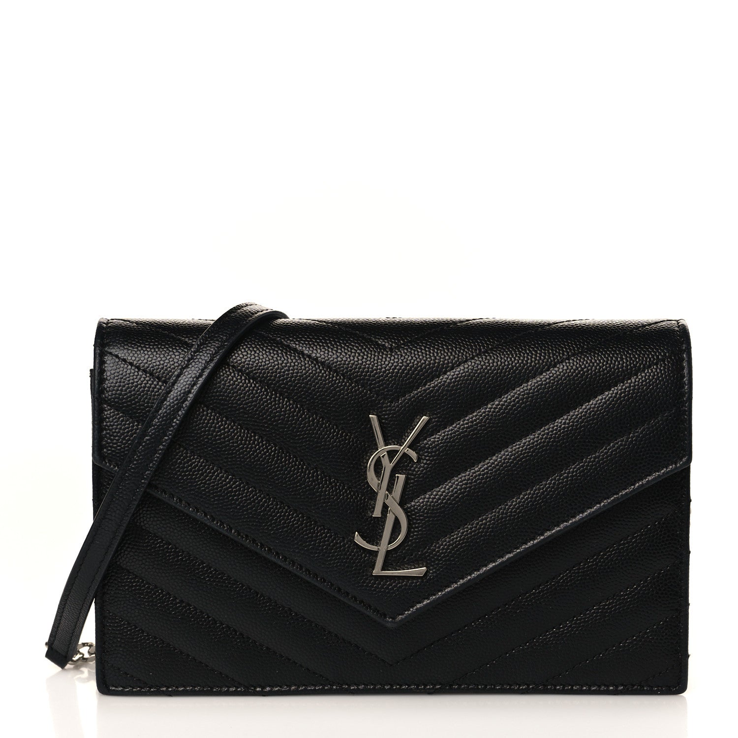 Saint Laurent Grain De Poudre Matelasse Chevron Monogram Envelope Chain Wallet Black 1 of 8