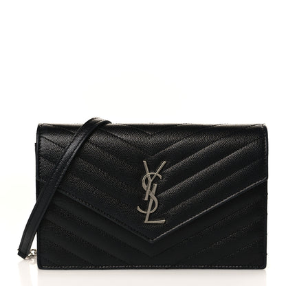 Saint Laurent Grain De Poudre Matelasse Chevron Monogram Envelope Chain Wallet Black 1 of 8
