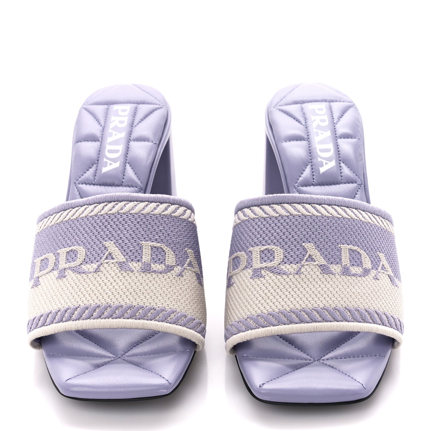 Prada Fabric Logo Embroidered 65mm Block Heel Slide Sandals 37.5 Glicine Talco 2 of 8