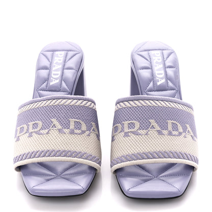 Prada Fabric Logo Embroidered 65mm Block Heel Slide Sandals 37.5 Glicine Talco 2 of 8