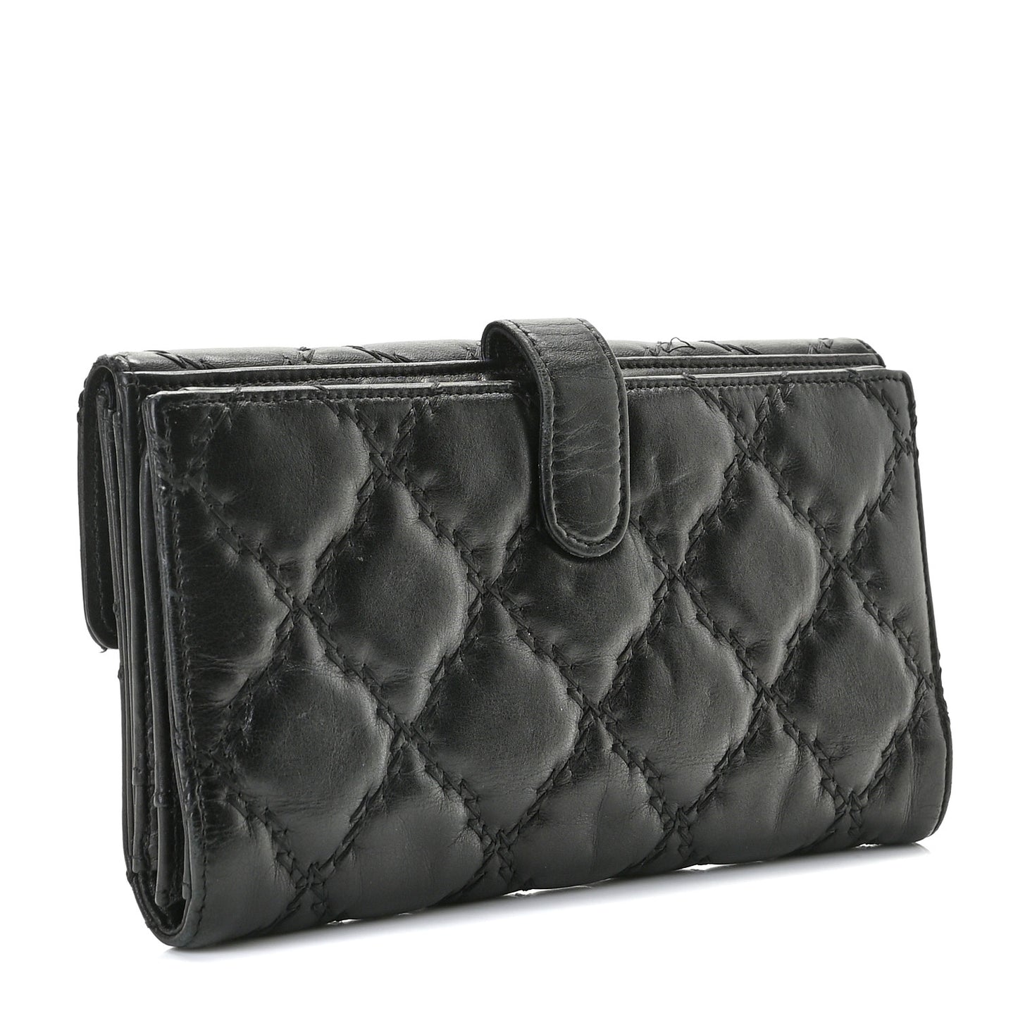 Calfskin Double Stitch Hamptons Flap Wallet Black