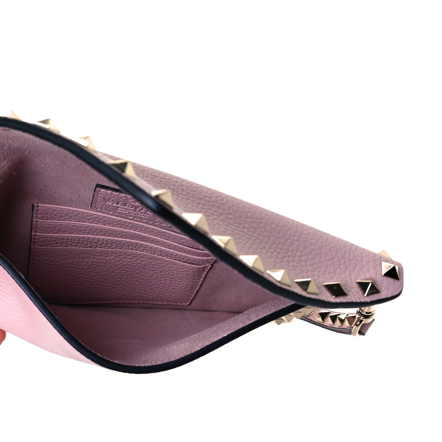 Pebbled Calfskin Medium Rockstud Envelope Flat Wristlet Pouch Water Rose