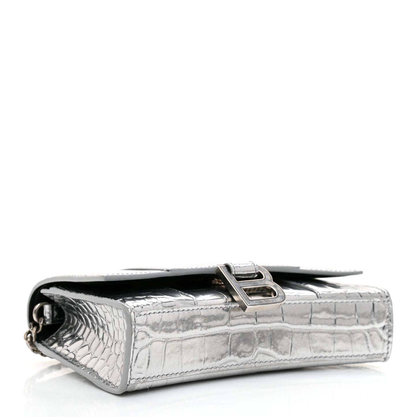 Metallic Calfskin Crocodile Embossed Hourglass Chain Bag Silver