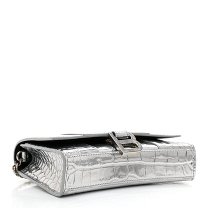 Balenciaga Metallic Calfskin Crocodile Embossed Hourglass Chain Bag Silver 2 of 7