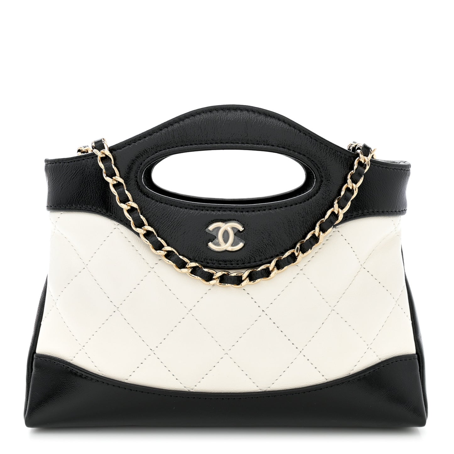 Shiny Crumpled Calfskin Quilted Nano 31 Shopping Bag White Black