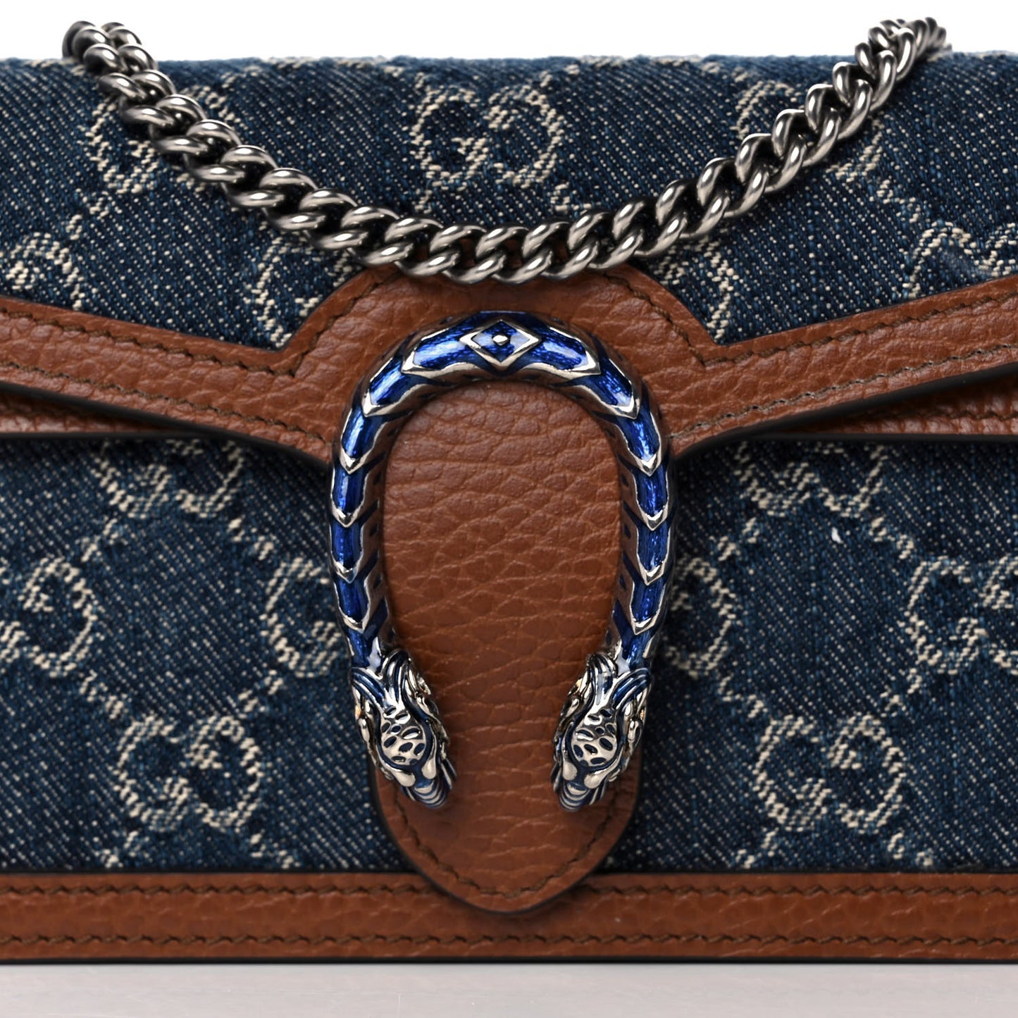 New Denim GG Monogram Dollar Calfskin Enamel Super Mini Dionysus Shoulder Bag Blue Tea Cuir Epilog Electric Blue