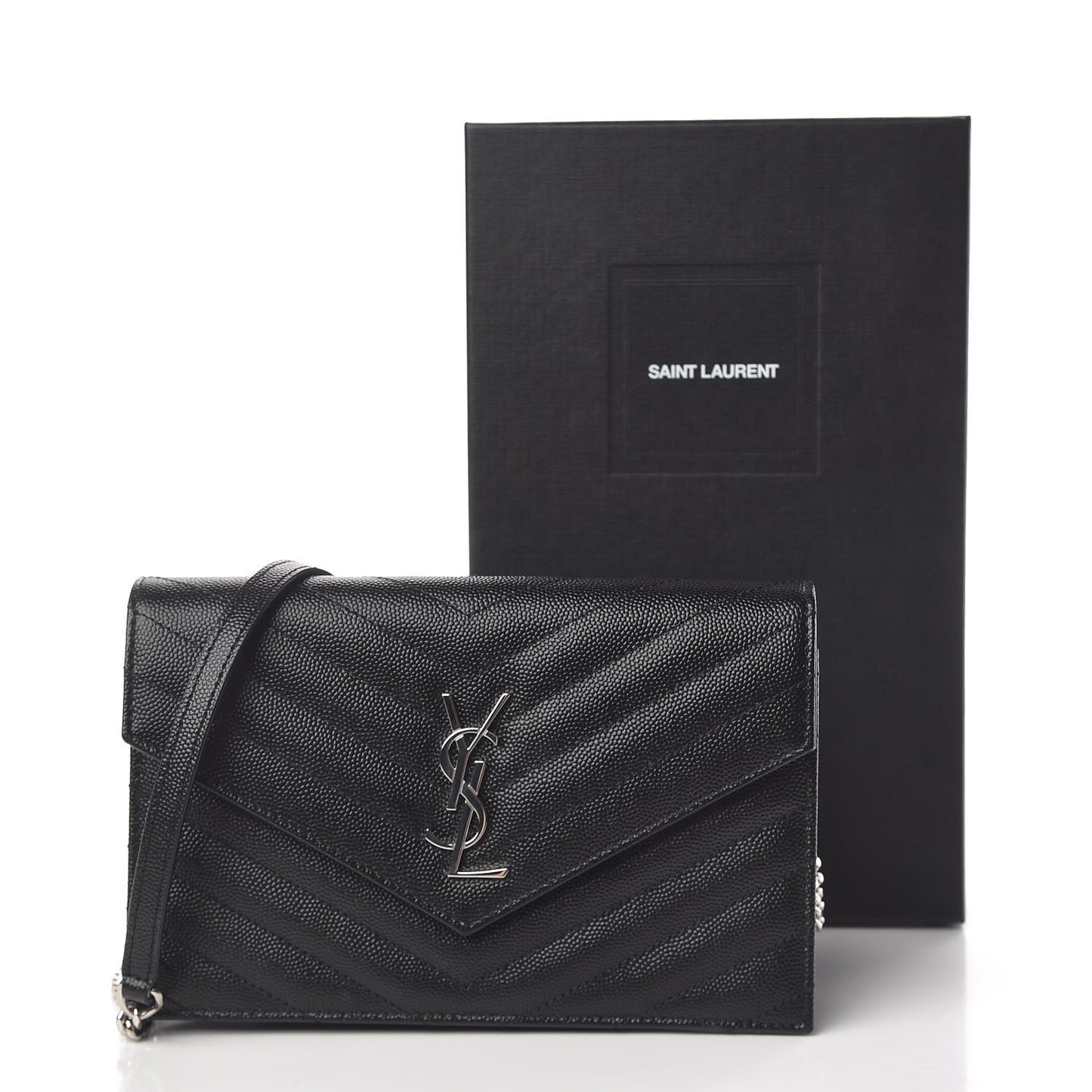 Grain De Poudre Matelasse Chevron Monogram Envelope Chain Wallet Black