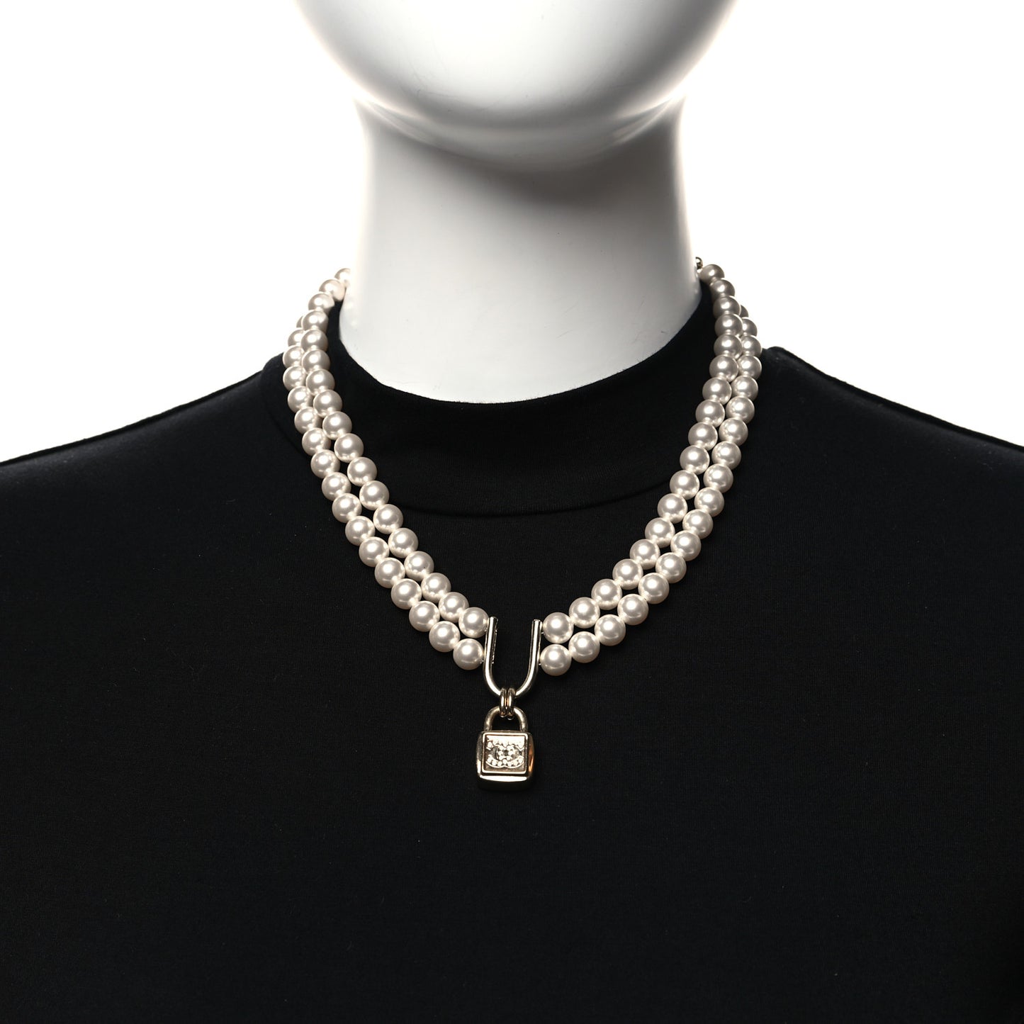Pearl Crystal CC Lock Choker Necklace Gold Pearly White