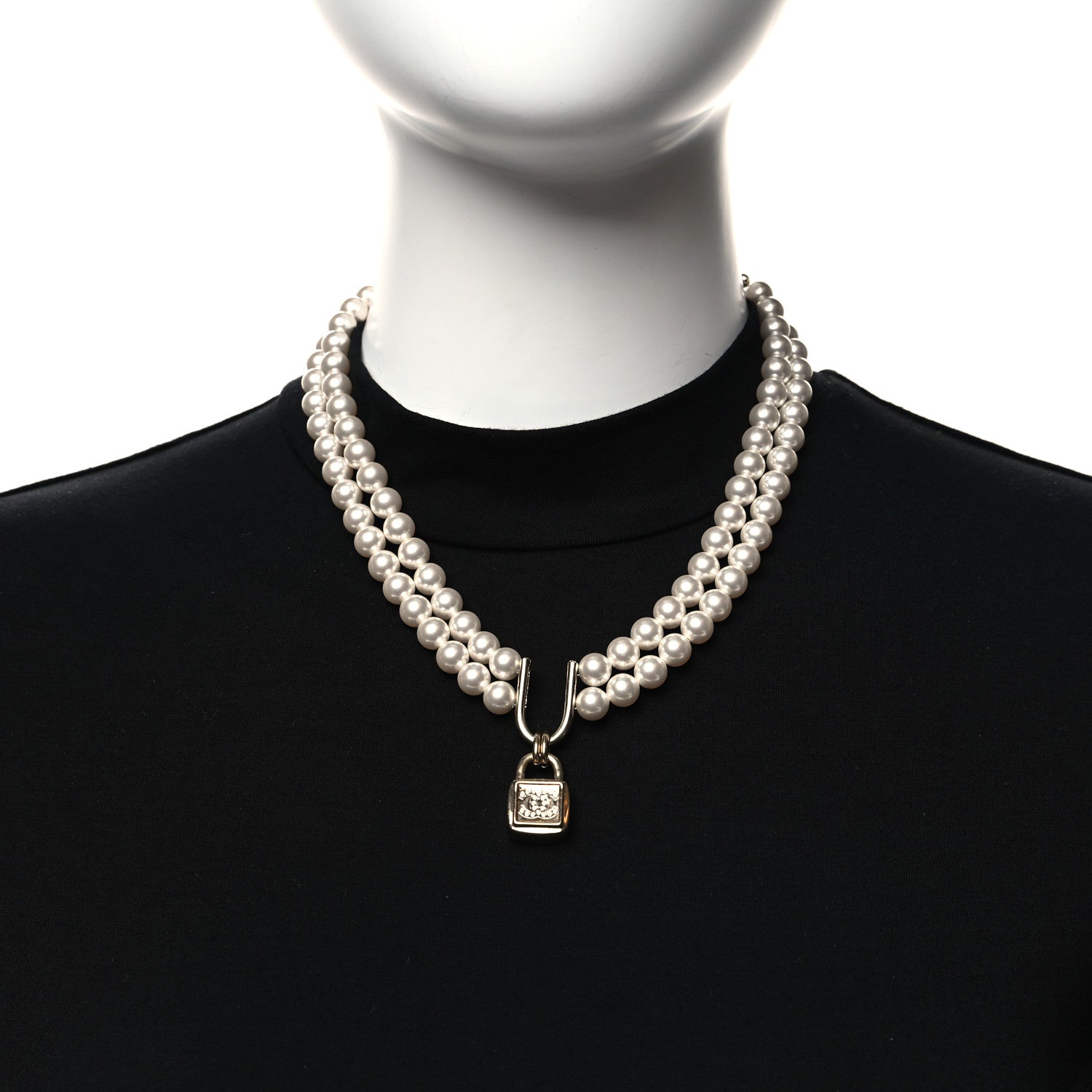 Chanel Pearl Crystal CC Lock Choker Necklace Gold Pearly White 2 of 6
