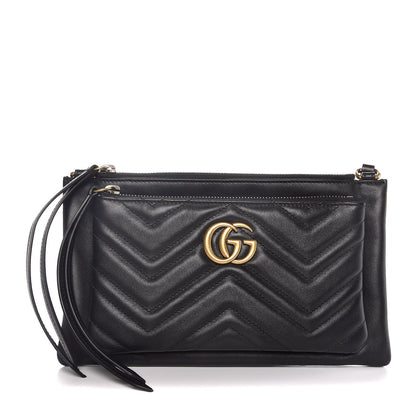 Gucci Calfskin Matelasse Small GG Marmont Double Zip Shoulder Bag Black 1 of 12